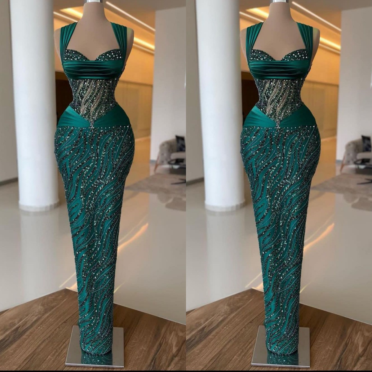 Evening Fashion Halter Sequined Mermaid Prom Gowns Sleeveless Illusion Rhie Custom Made Formal Party Dresses 6660306