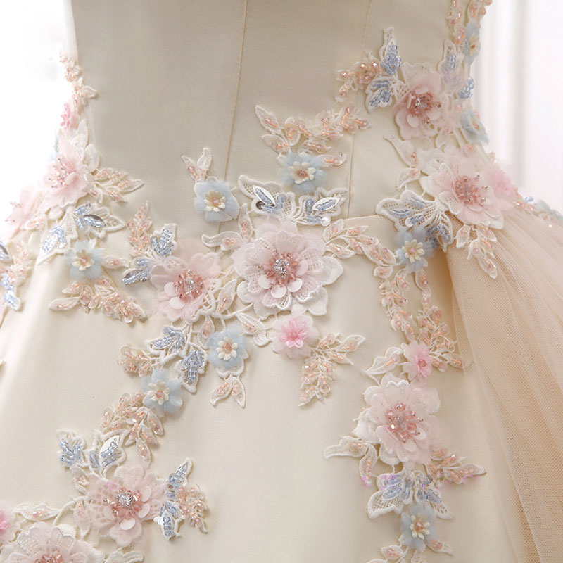 Elegant Boat Neck A-Line Wedding Dress Off Shoulder sleeves Beaded colorful 3D-flowers lace Bridal Gowns can customize