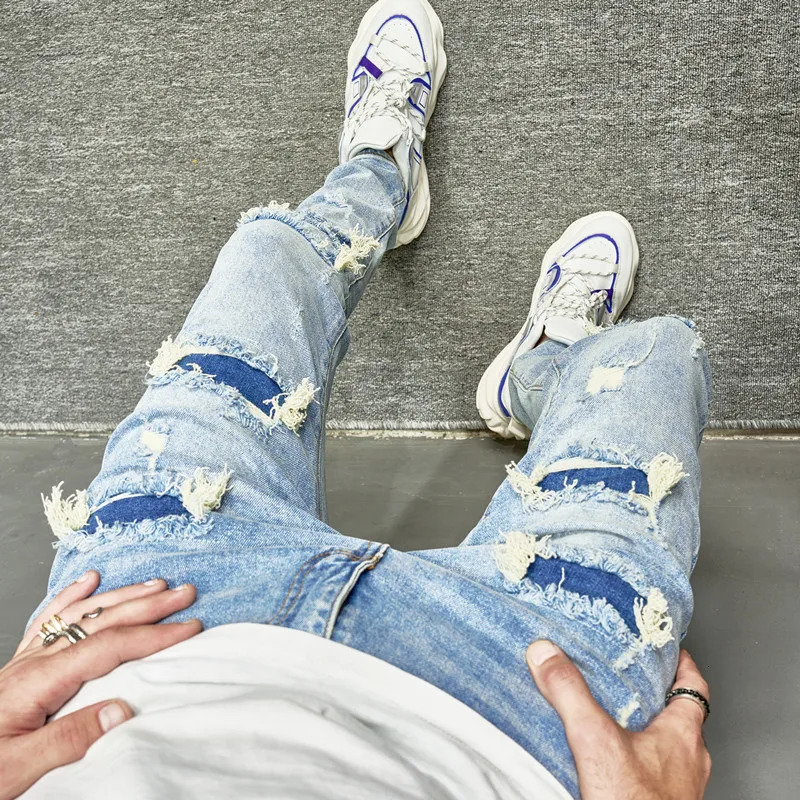 Men Holes Casual Skinny Jeans Pants Streetwear Male Stylish Ripped Solid Hip Hop Slim Denim Trousers 240227
