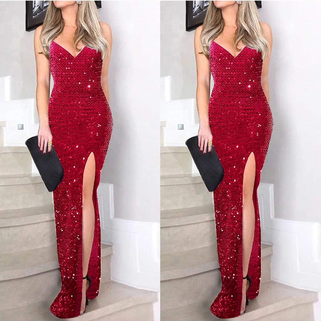 Dresses For Women 2024 Sexy Sparkly Glitter Sequin Deep VNeck High Side Slit Wrap Hip Sleeveless Dress Nightclub Party 240227