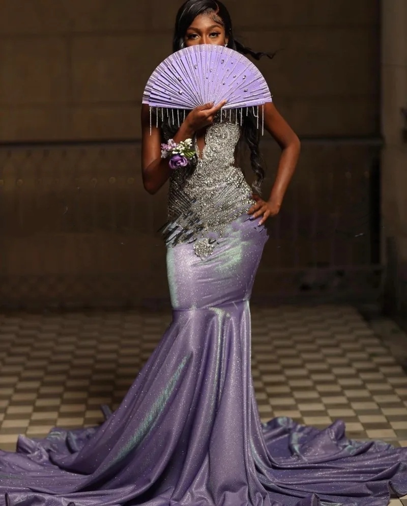 Sparkly Lilac Prom Dresses For Woman Sheer Neck African Women Sequin Mermaid Party Dress Robe Gala