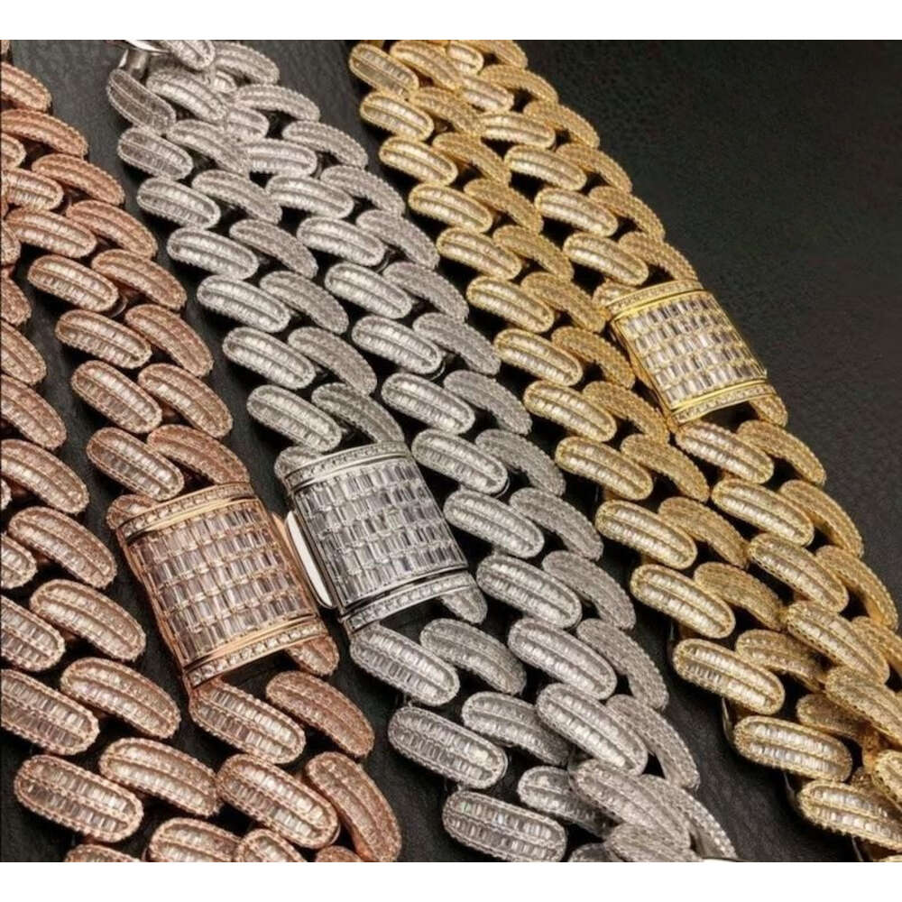 moissanite chain cuban k chainHiphop Necklace Sterg Sier Iced Out 26mm 2 Rows Baguette Cut Moissanite