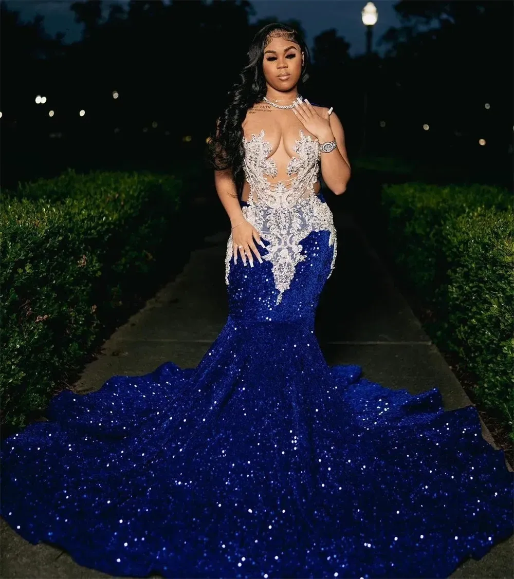 Royal Blue Sequin Mermaid Prom Dress 2025 | Sheer Neck Formal Gown