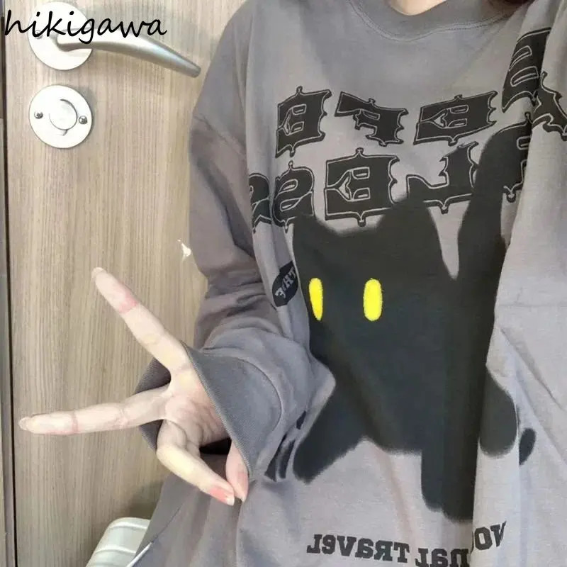 Blusas Mujer De Moda Vintage Anime Print T-shirt Women Casual Long Sleeve T Shirts Y2k Tops Korean Fashion Oversized Tshirt 240228