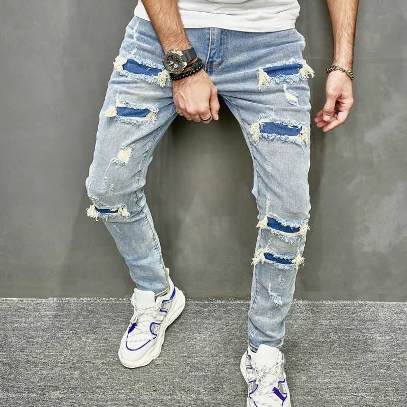 Men Holes Casual Skinny Jeans Pants Streetwear Male Stylish Ripped Solid Hip Hop Slim Denim Trousers 240227