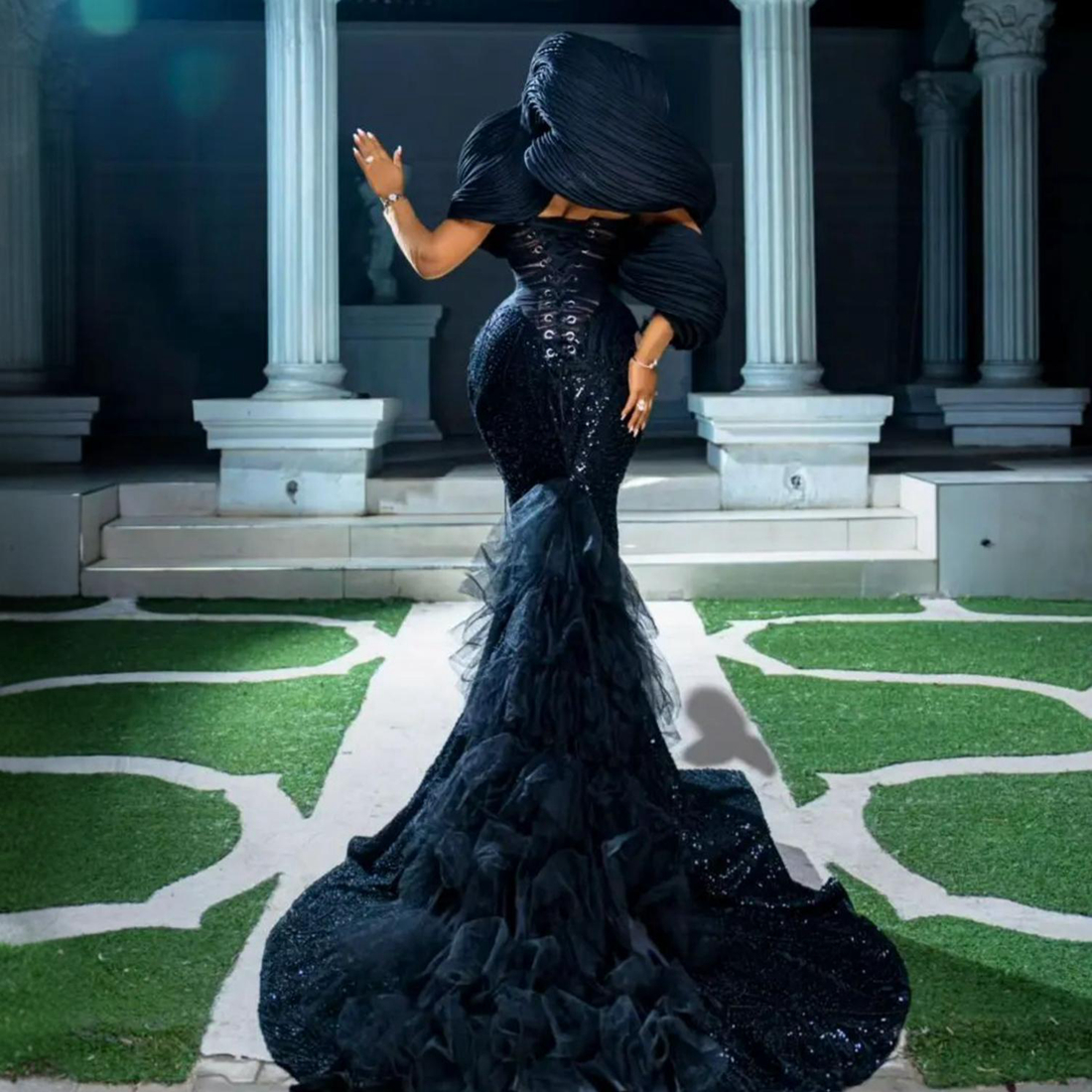 Nigeria Aso Ebi Plus Size Prom Dresses Long with Detachable Tulle Train for Special Occasions Mermaid Beaded Lace Formal Dresses Evening Gown for Blac