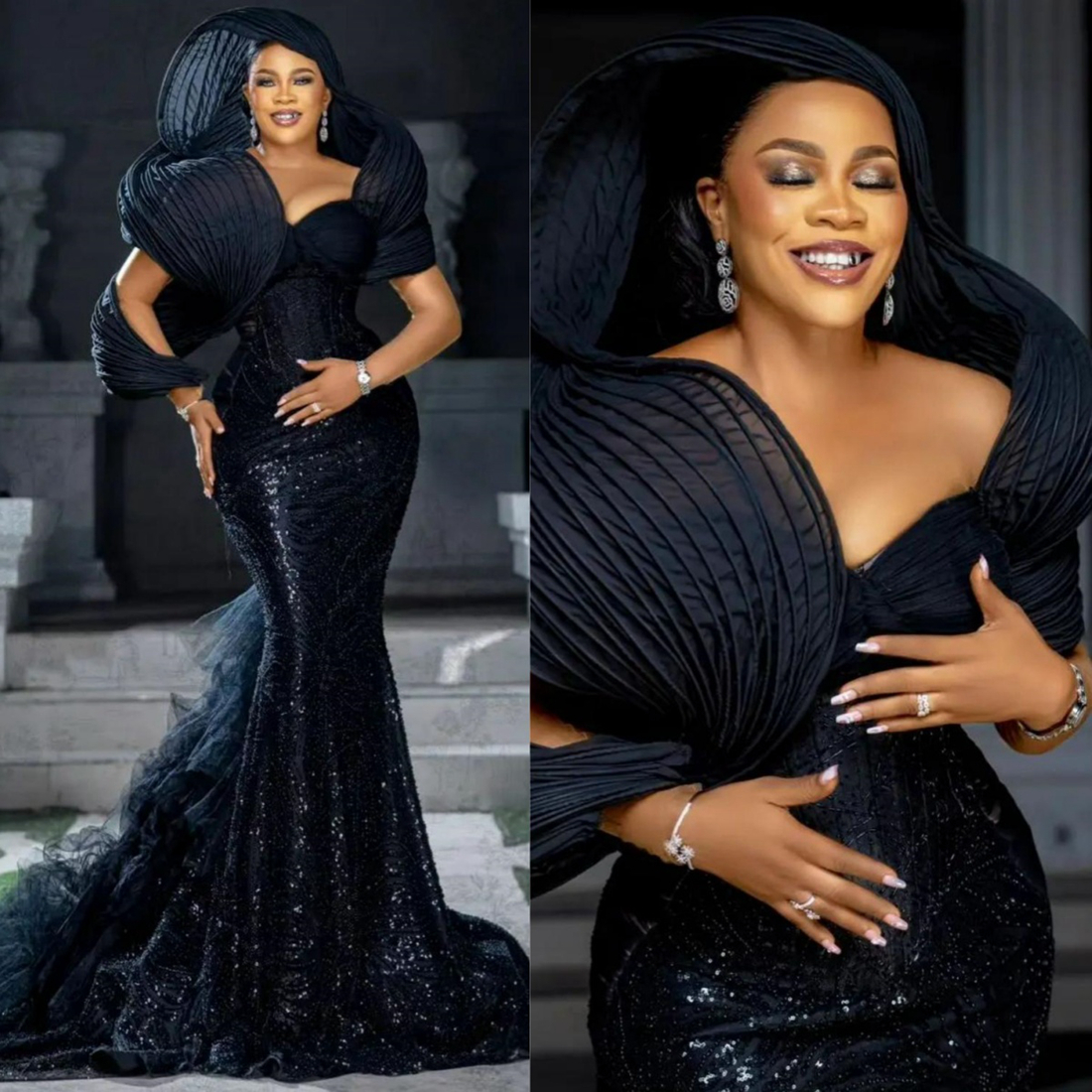 Nigeria Aso Ebi Plus Size Prom Dresses Long with Detachable Tulle Train for Special Occasions Mermaid Beaded Lace Formal Dresses Evening Gown for Blac