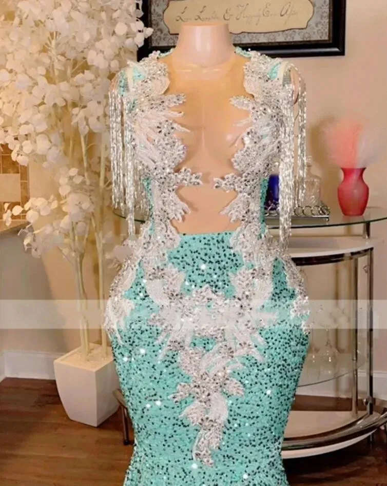 NEW Glitter Sequins Appliques Mermaid Prom Dresses For Black Girls Sexy Sheer Mesh Top Applique Beaded Crystal Tassel Party Evening Gowns Robe De