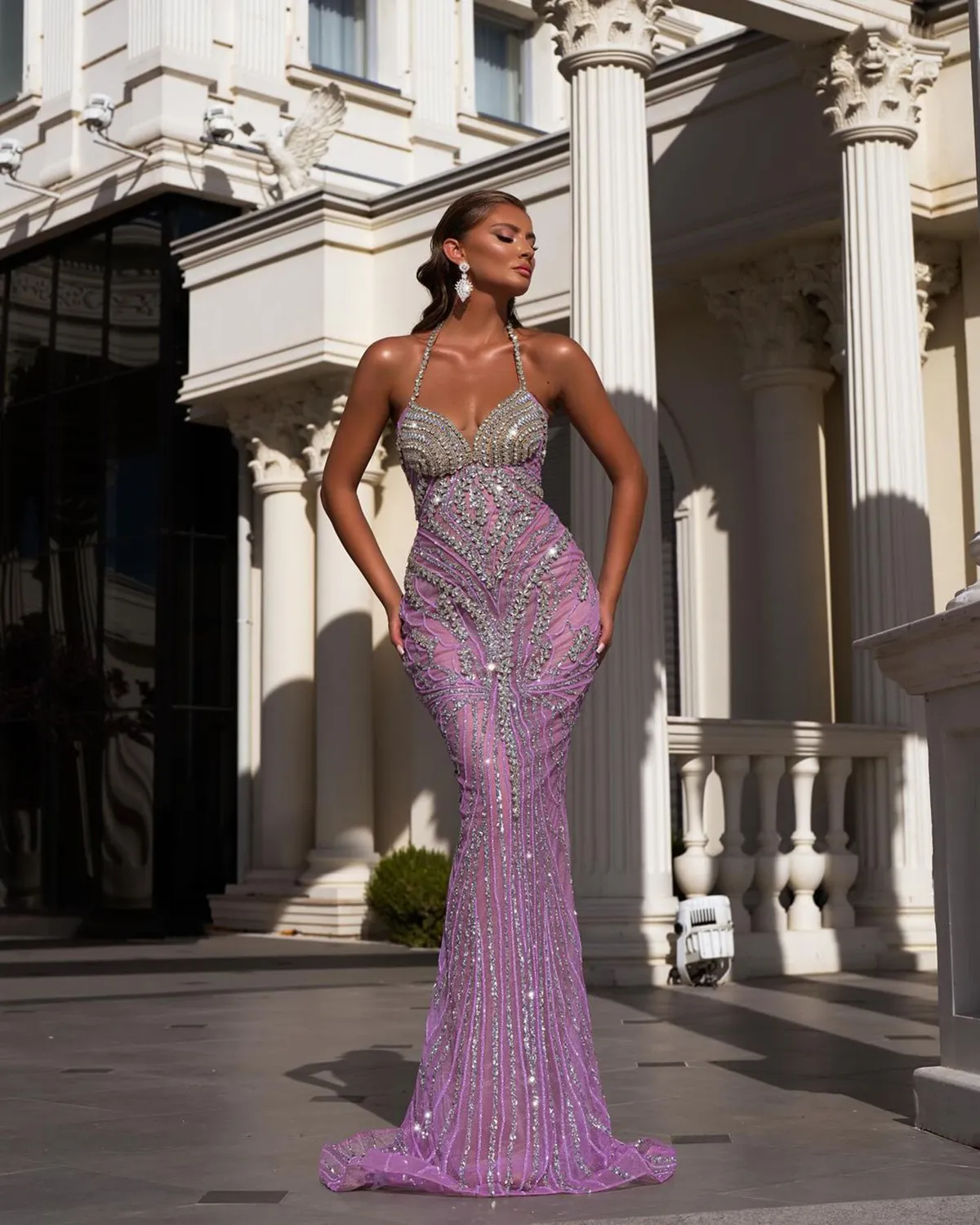 Crytal Halter Mermaid Evening Dree Sexy Sleevele Eading Prom Dre Glitter Or Length Formal Party Gown 0229