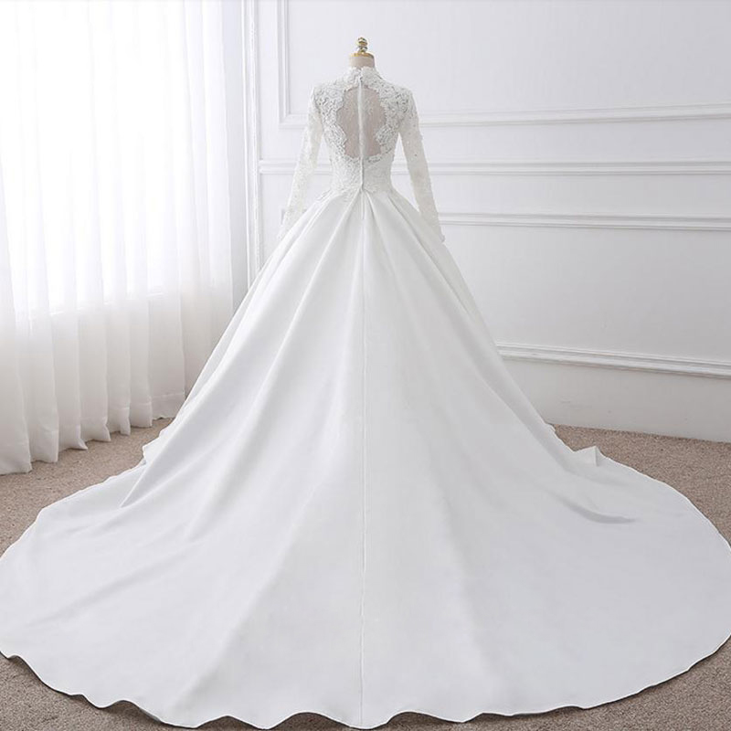 Elegant High collar Full Sleeves A-Line Wedding Dress Beading Appliques lace satin Simple Bridal Gowns Can Be Customized
