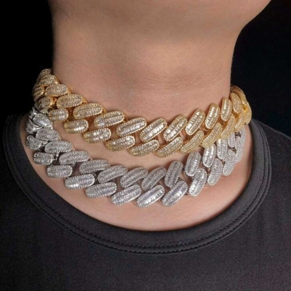 moissanite chain cuban k chainHiphop Necklace Sterg Sier Iced Out 26mm 2 Rows Baguette Cut Moissanite