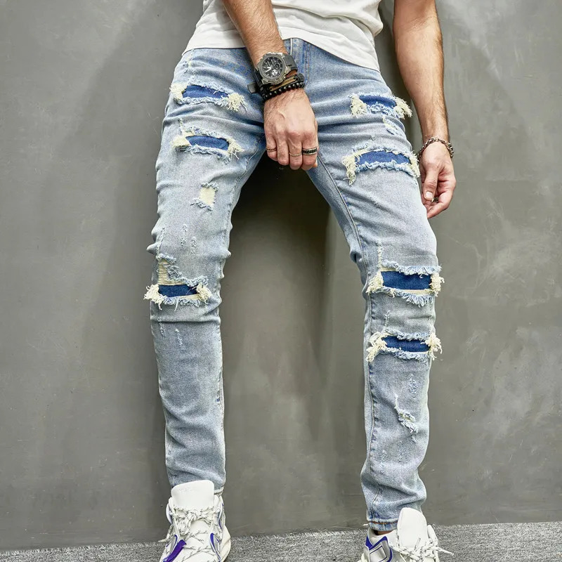 Men Holes Casual Skinny Jeans Pants Streetwear Male Stylish Ripped Solid Hip Hop Slim Denim Trousers 240227
