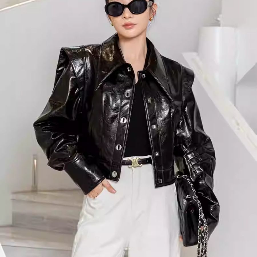 0C 503M79 Light Luxury Coat Women's Jacket Vernis Leather American Retro Style High Quality Sheepskin Fashionable