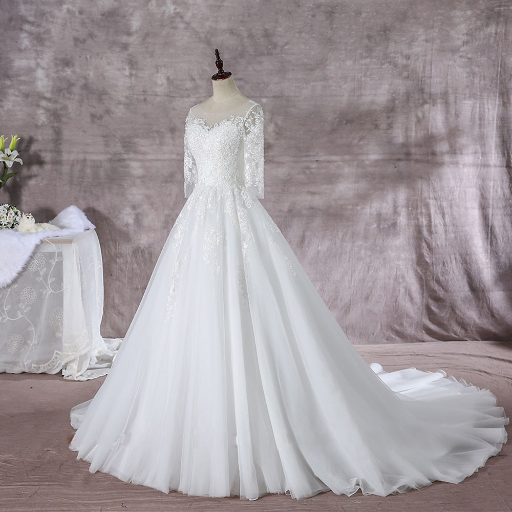 Elegant Scoop Full Sleeves A-Line Wedding Dress Appliques lace Sliky Oraganza Simple Bridal Gowns Can Be Customized