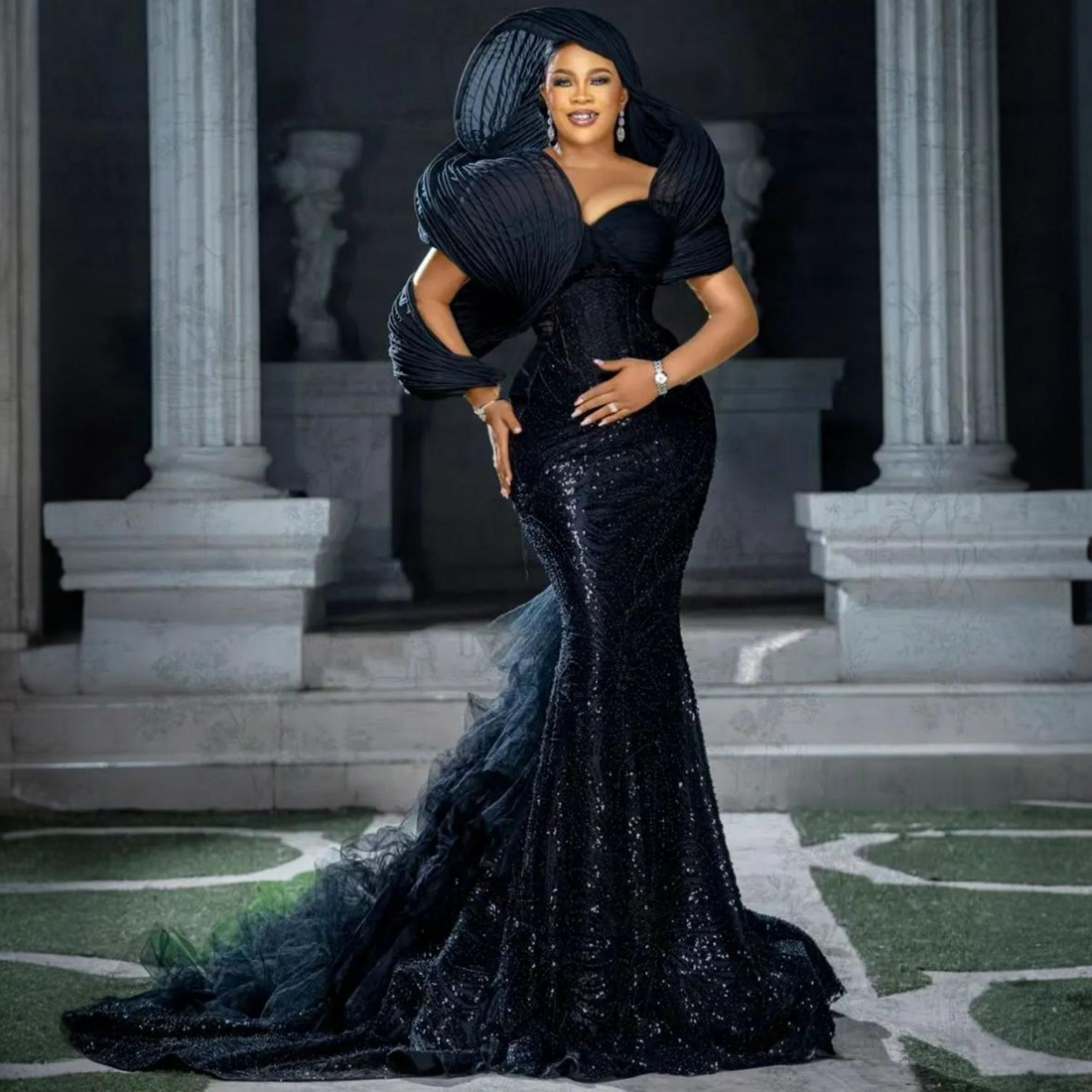 Nigeria Aso Ebi Plus Size Prom Dresses Long with Detachable Tulle Train for Special Occasions Mermaid Beaded Lace Formal Dresses Evening Gown for Blac