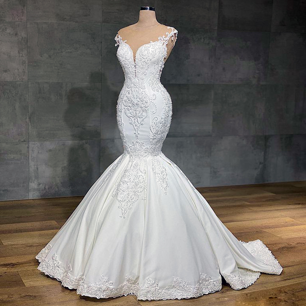 Romantic Embroidery Lace Mermaid Wedding Dress With Beading Pearls Illusion Neck Trumpet Bridal Gowns