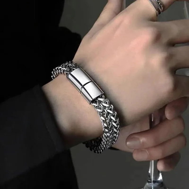 Mens Fashion Hiphop Doublelayer Braided Keel Stainless Steel Bracelet Men Personalized Party Chain Metal Jewelry Gift 240227