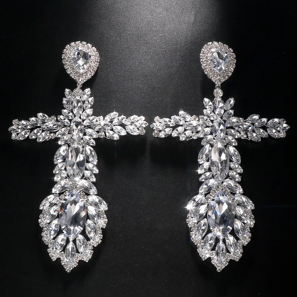 Exaggerated Rhinestone Large Cross Pendant Drop Earrings Dinner Jewelry for Women Crystal Geometric Charm Dangle Earrings Gift 240223
