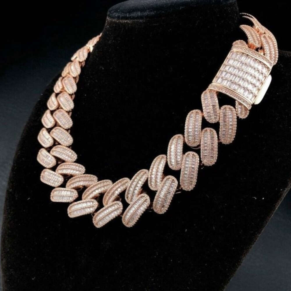 moissanite chain cuban k chainHiphop Necklace Sterg Sier Iced Out 26mm 2 Rows Baguette Cut Moissanite