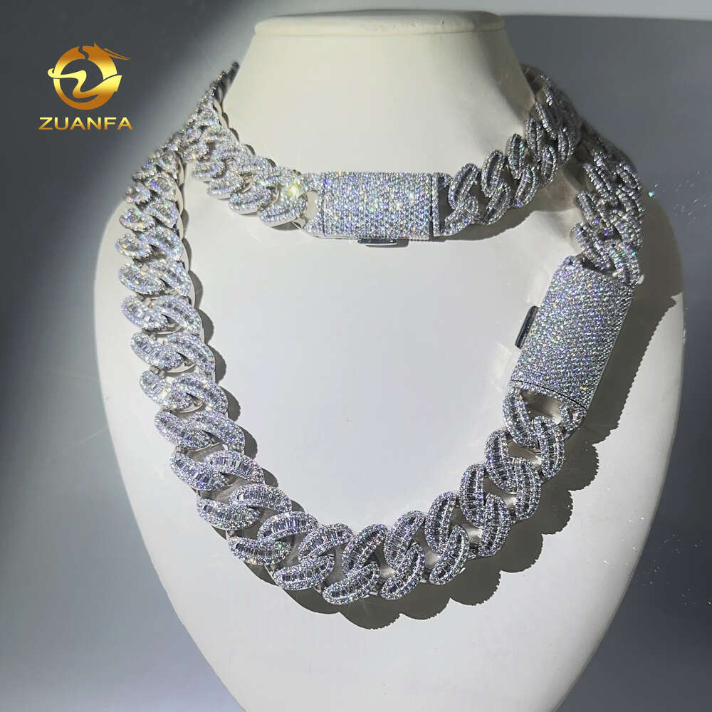 Necklace moissanite chain cuban link chain 22mm Moon Shape Baguette Ice Out Sterling Silver Miami Chain Necklace