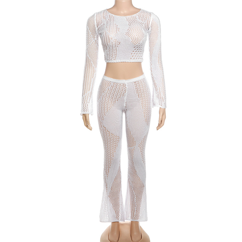 White See Through Mesh Pants Sets Hollow knit short top high-waisted tight-fitting trouser suit woman Sexy 2 Piece