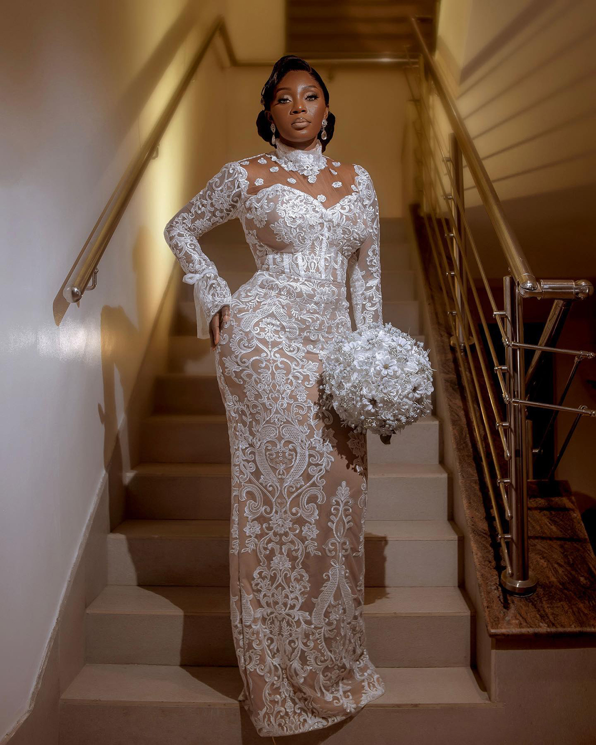 Plus Size Mermaid Wedding Dresses High Neck Long Sleeve Lace Bridal Gowns Vestido De Novia Sexy Illusion Custom Made Bride Dress With Veil