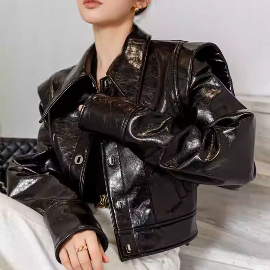 0C 503M79 Light Luxury Coat Women's Jacket Vernis Leather American Retro Style High Quality Sheepskin Fashionable