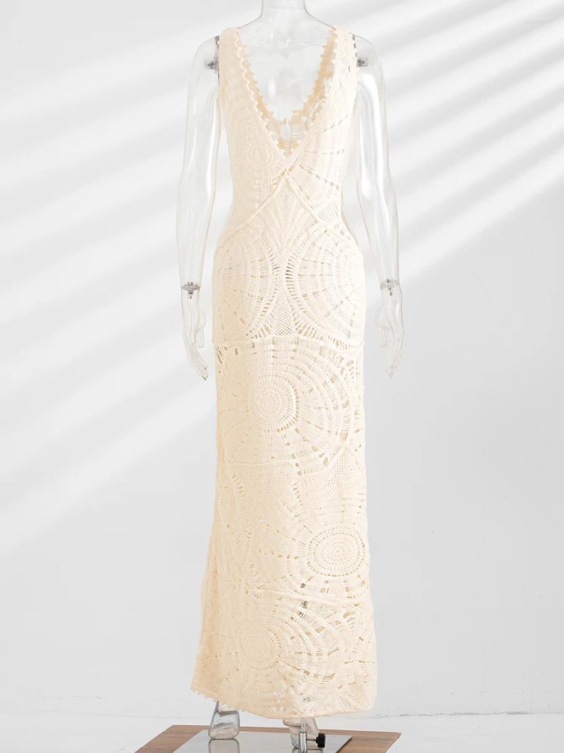 Casual Dresses for Women Knitted Crochet V Neck Sleeveless Hollow Out Beach Dress - Summer Vacation Long Vestidos C260311
