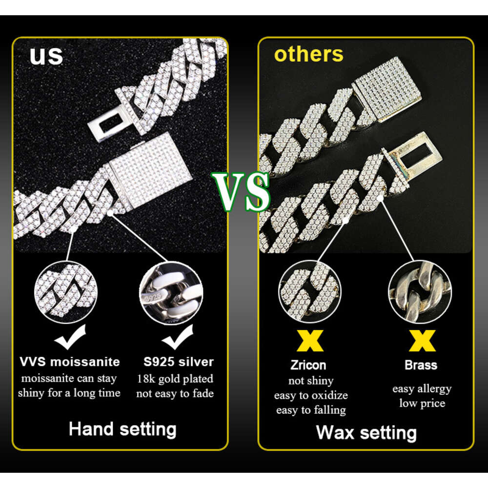 Factory wholesale luxury men's Cuban necklace Vvs Moissanite k Necklace Custom Iced Baguette Straight e Cuban Chain Hip Hop Sier Jewelry