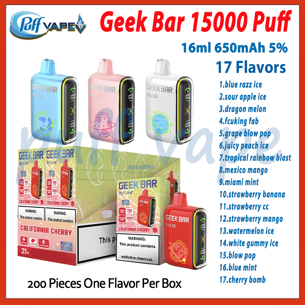 100% Original Geek Bar 15000 Puff Disposable Vape Pen 5% Level 16ml Prefilled 650mAh Rechargeable Battery 17 Flavors 15k Puffs Vapes Kit