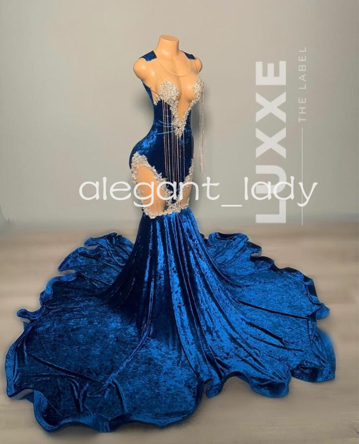 King Blue Velvet Long Prom Dresses for Women Sparkly Luxury Diamond Tassel Sheer Mesh African Evening Formal Gala Gowns