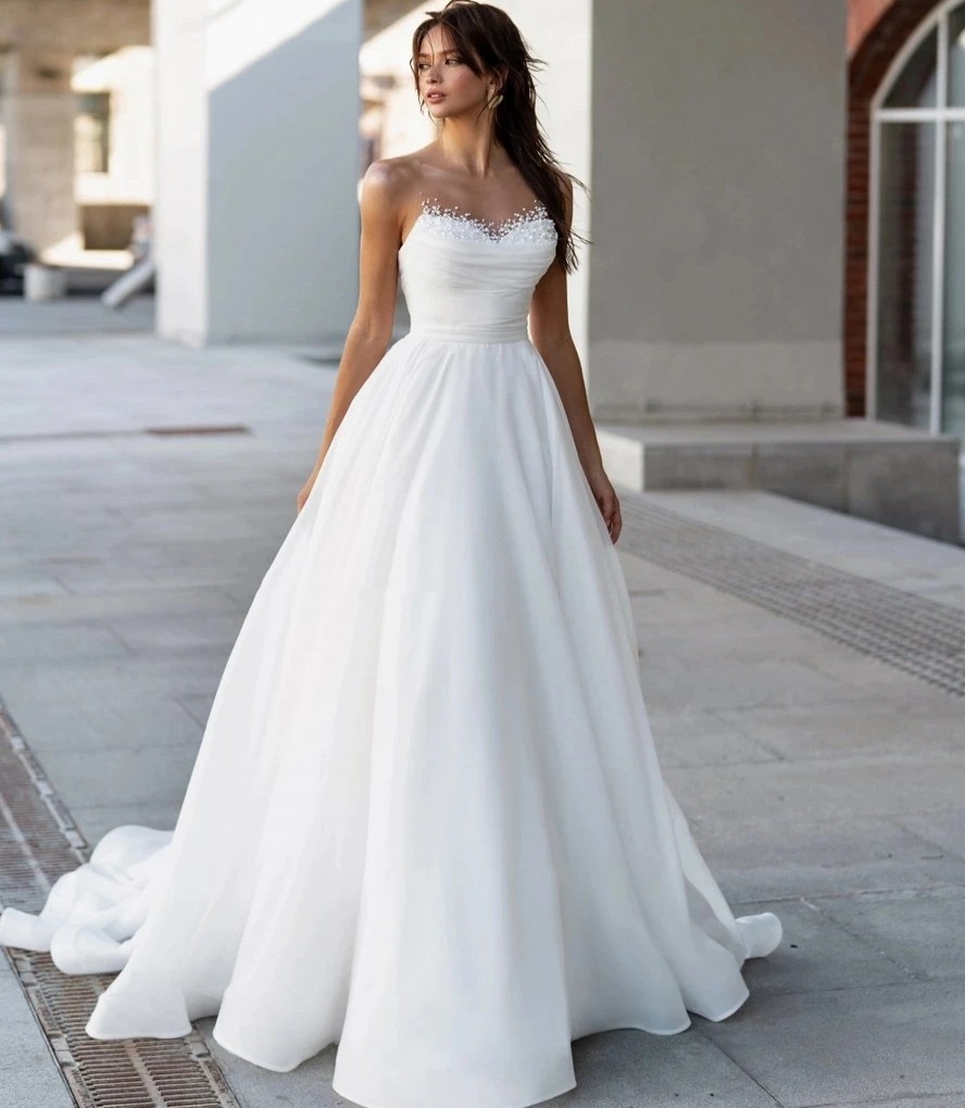 Vintage Pearl Neck Wedding Dress Simple Pleat Elegant Illusion Neck Satin Organza A-Line Bridal Gowns Sleeveless Robe De Mariee Vestidos De Novia