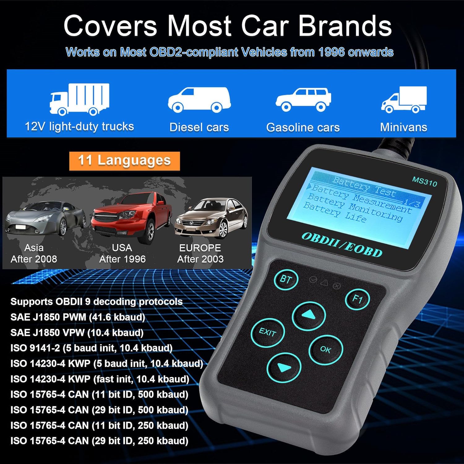 OBD2 Diagnostic Scan Tool Engine Fault Code OBD II Scanner with Bluetooth and Car Battery Tester for All Vehicle