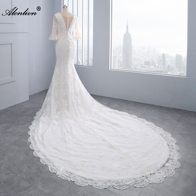 Alonlivn Chic Style V-Neck Mermaid Wedding Dress With Appliques Lace Court Train Half Sleeves Trumpet Bridal Gowns