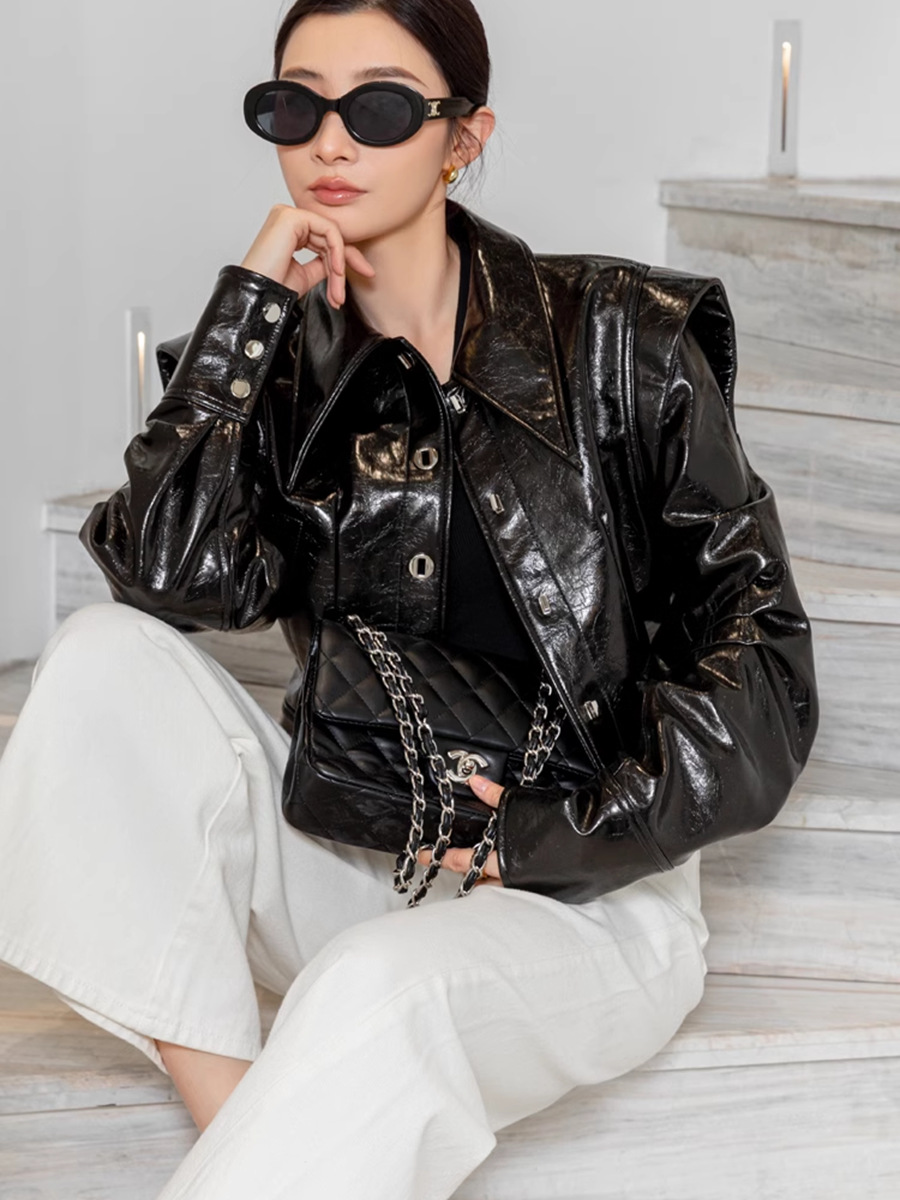 0C 503M79 Light Luxury Coat Women's Jacket Vernis Leather American Retro Style High Quality Sheepskin Fashionable