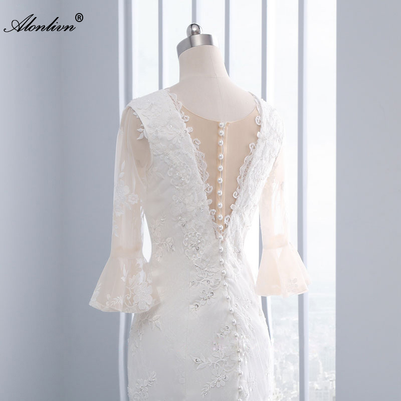 Alonlivn Chic Style V-Neck Mermaid Wedding Dress With Appliques Lace Court Train Half Sleeves Trumpet Bridal Gowns