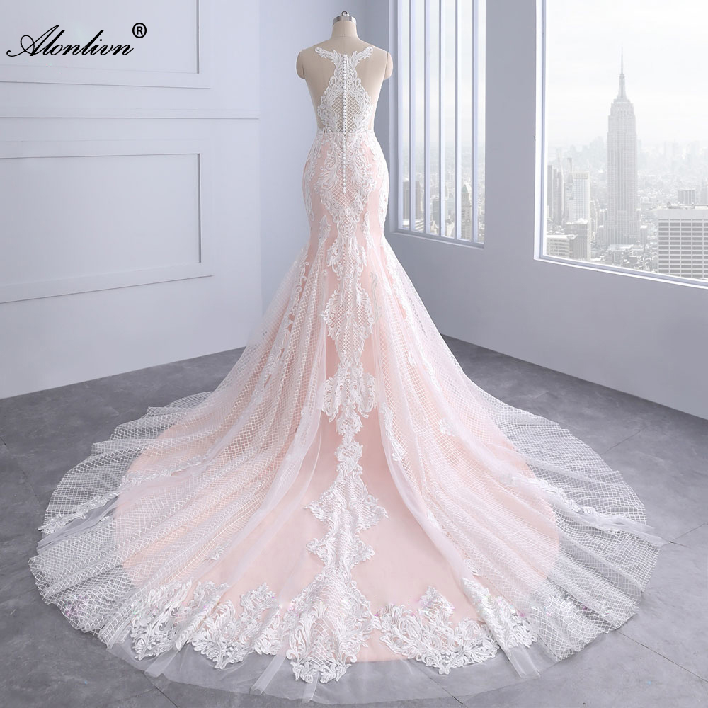 Romantic Colorful Mermaid Wedding Dress With Grid Appliques Lace Scoop Trumpet Bridal Gowns With Button