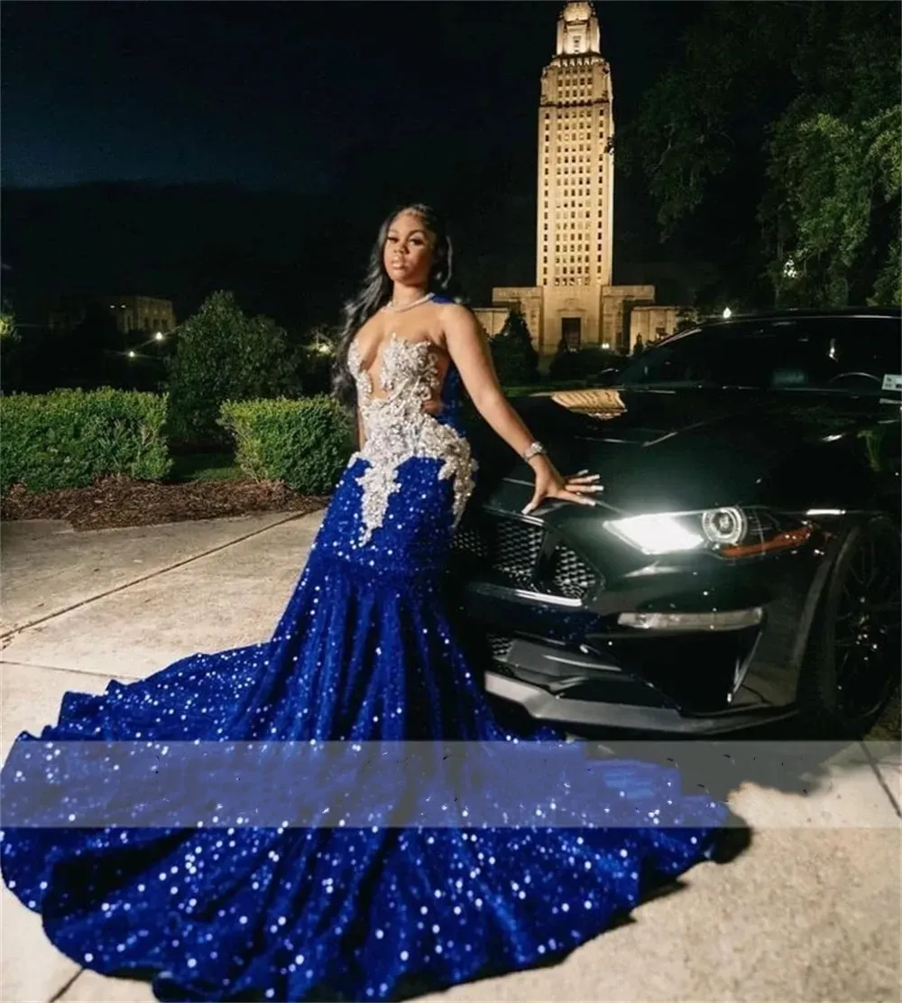 Royal Blue Sequin Mermaid Prom Dress 2025 | Sheer Neck Formal Gown