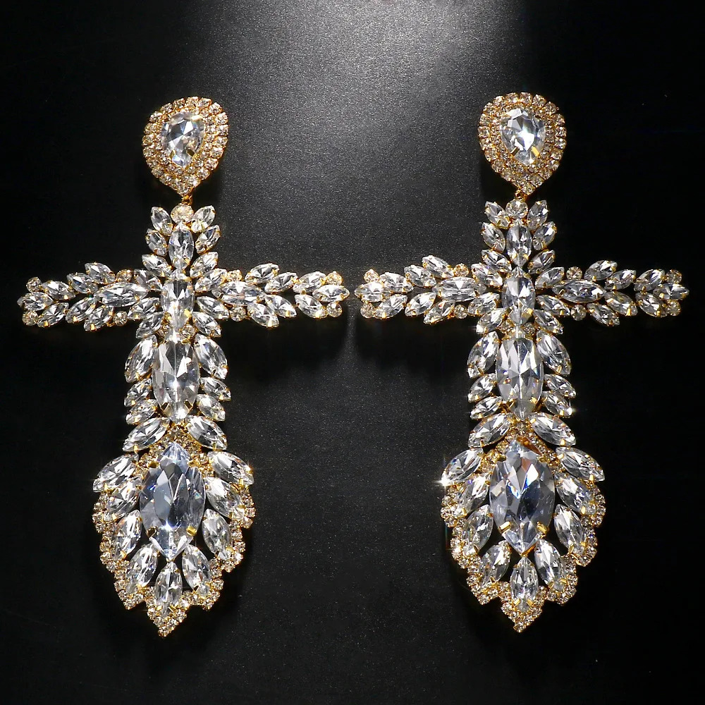 Exaggerated Rhinestone Large Cross Pendant Drop Earrings Dinner Jewelry for Women Crystal Geometric Charm Dangle Earrings Gift 240223