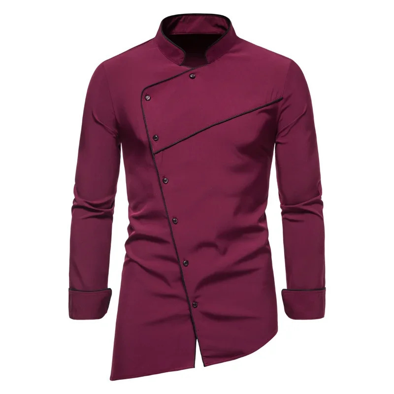 Spring and Autumn Mens Longsleeved Shirts Fashion Standup Collar Diagonal Buttons Shirt Business Casual 240227