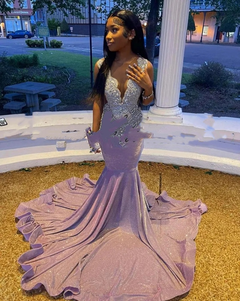 Sparkly Lilac Prom Dresses For Woman Sheer Neck African Women Sequin Mermaid Party Dress Robe Gala
