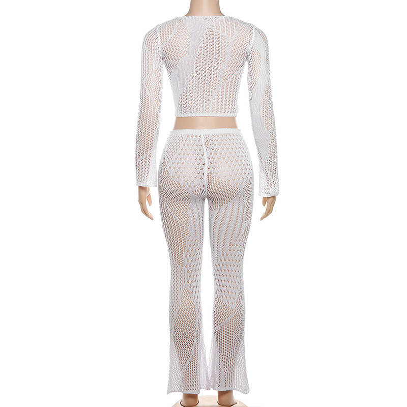 White See Through Mesh Pants Sets Hollow knit short top high-waisted tight-fitting trouser suit woman Sexy 2 Piece