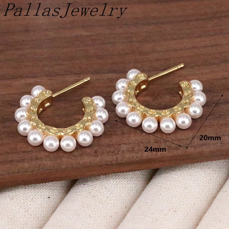 5Pairs Retro 18K Gold Plated Brass Circle Ear Buckle Earrings Jewelry Heart Exquisite Elegant Pearl Inlaid Huggie Hoop Earrings 240227