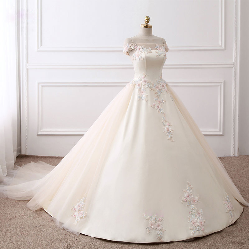 Elegant Boat Neck A-Line Wedding Dress Off Shoulder sleeves Beaded colorful 3D-flowers lace Bridal Gowns can customize