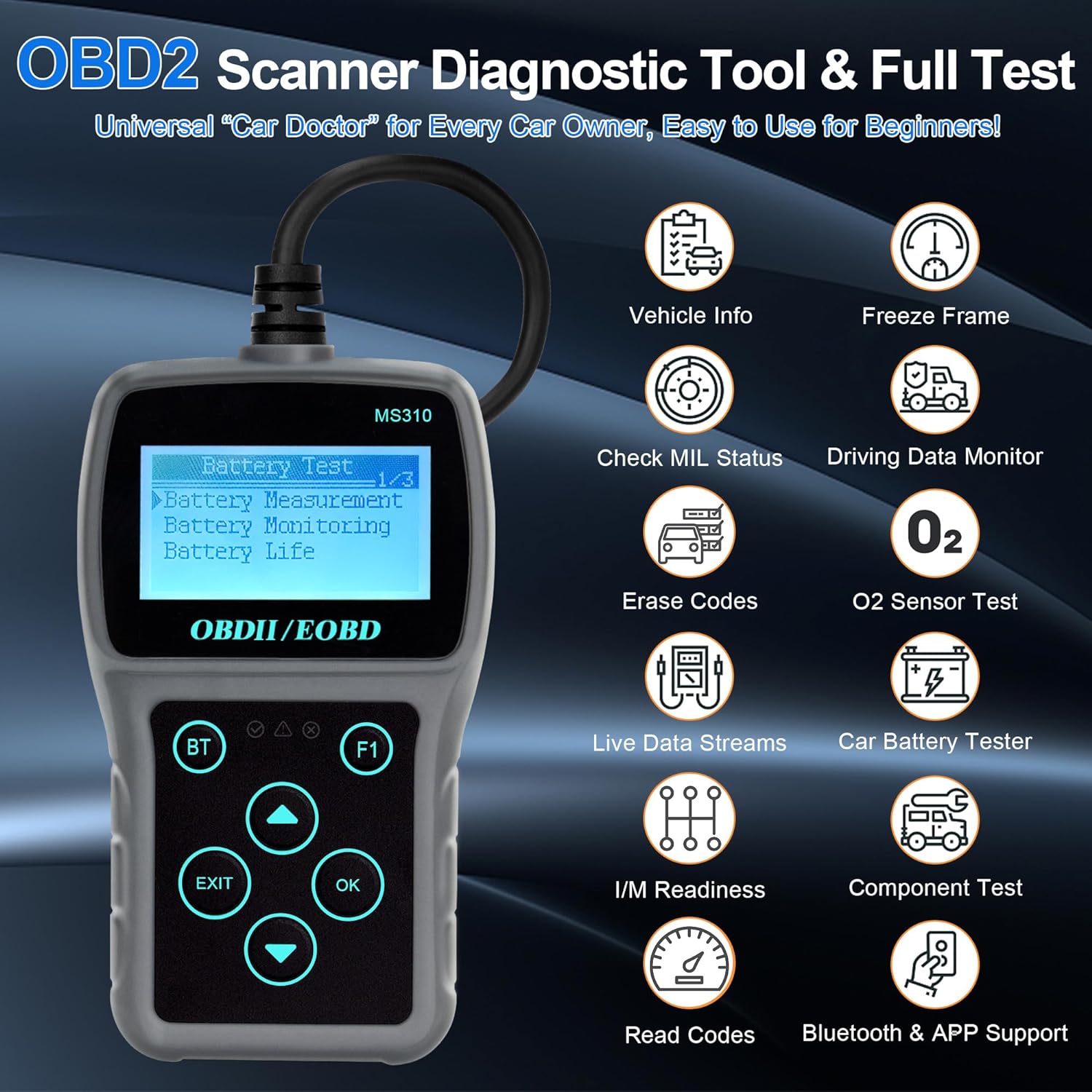 OBD2 Diagnostic Scan Tool Engine Fault Code OBD II Scanner with Bluetooth and Car Battery Tester for All Vehicle