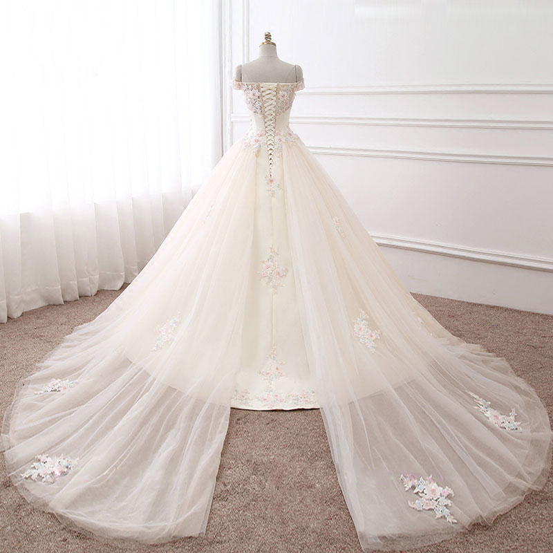 Elegant Boat Neck A-Line Wedding Dress Off Shoulder sleeves Beaded colorful 3D-flowers lace Bridal Gowns can customize
