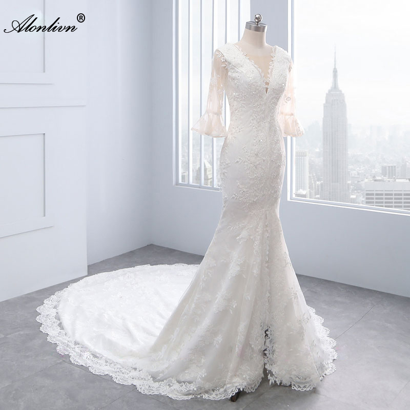 Alonlivn Chic Style V-Neck Mermaid Wedding Dress With Appliques Lace Court Train Half Sleeves Trumpet Bridal Gowns