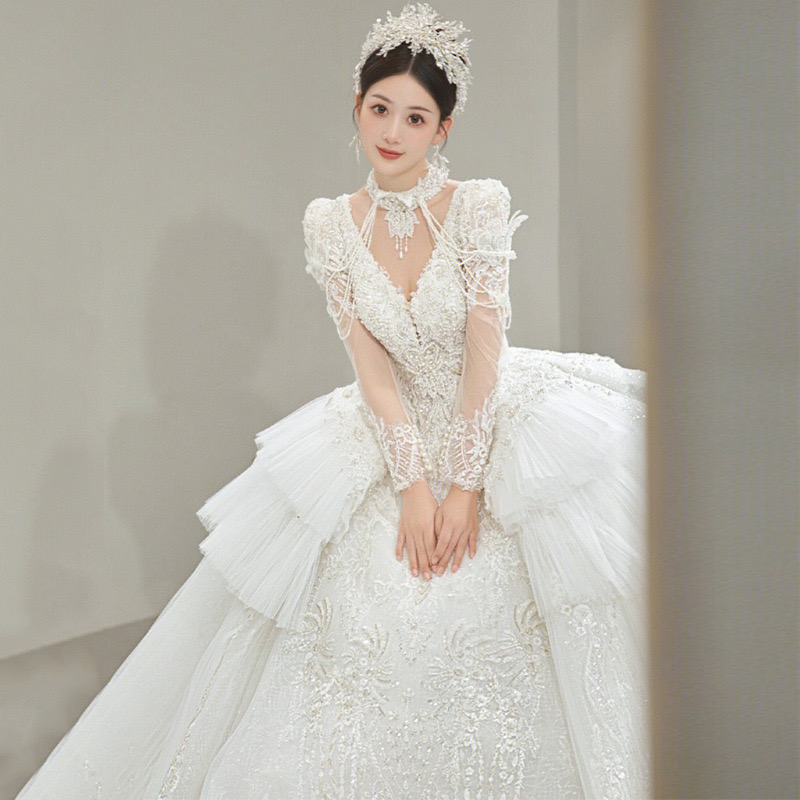 Long Sleeves Lace Mermaid Dresses Tulle Court princess Wedding Bridal Gowns With Buttons African Nigerian Beaded Applique vestido de novia 2024