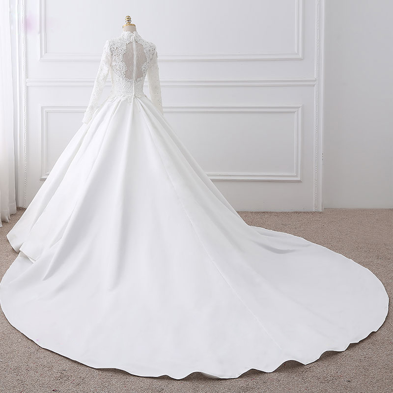 Elegant High collar Full Sleeves A-Line Wedding Dress Beading Appliques lace satin Simple Bridal Gowns Can Be Customized