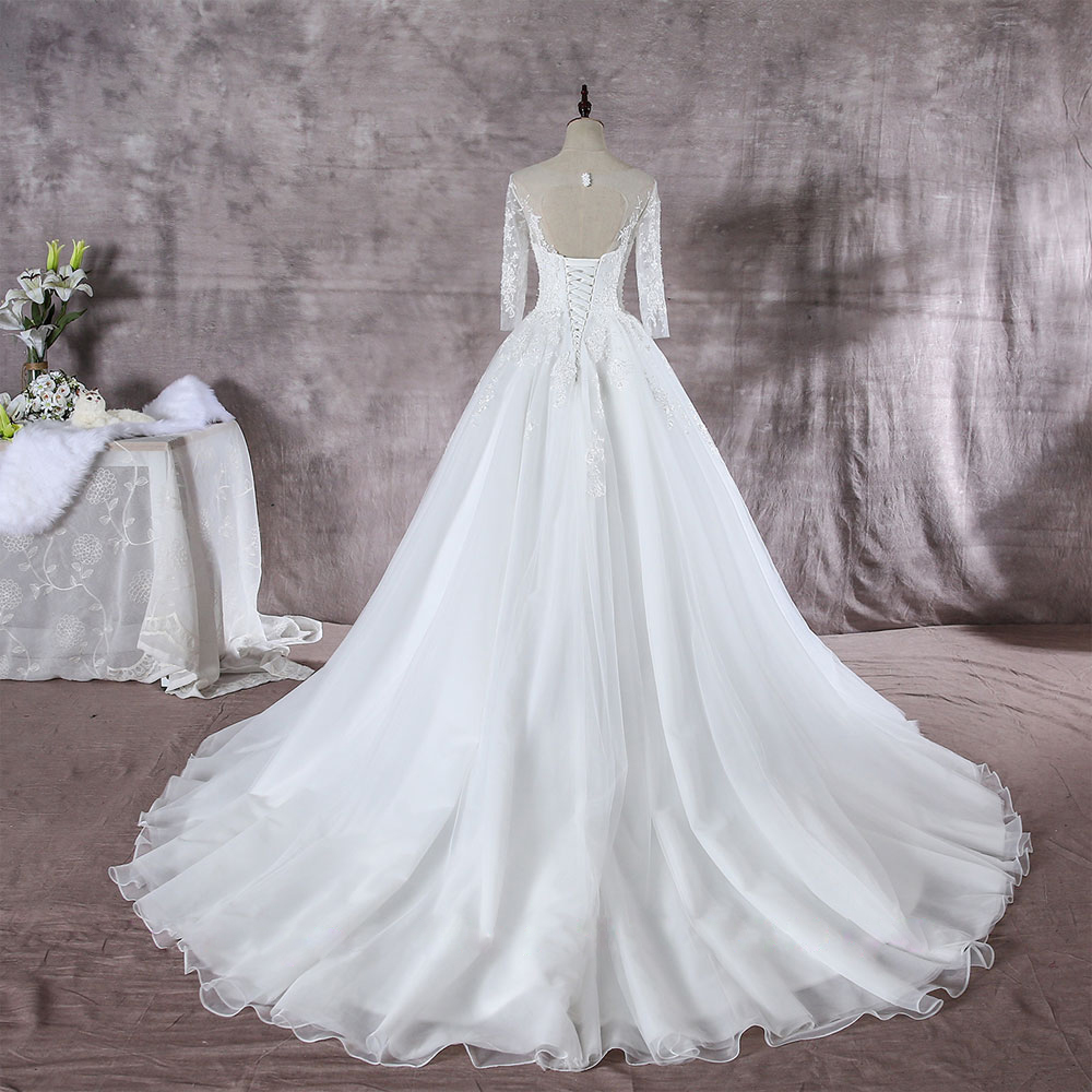 Elegant Scoop Full Sleeves A-Line Wedding Dress Appliques lace Sliky Oraganza Simple Bridal Gowns Can Be Customized